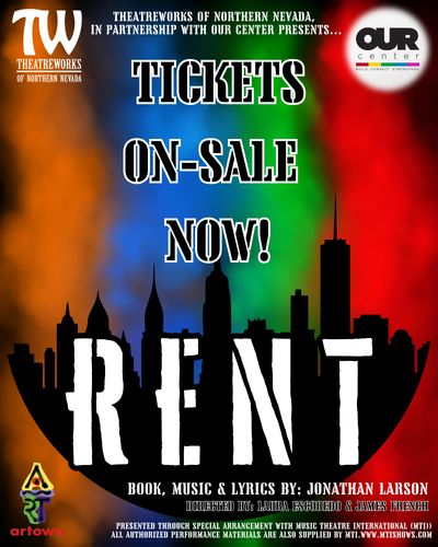 Poster announcing tickets on sale for the musical RENT by Theatreworks of Northern Nevada.