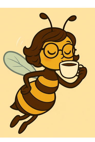 A bee with glasses enjoys a cup of coffee mid-flight.