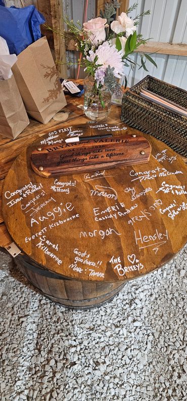 Custom Barrel Head wedding gift included with the setup.