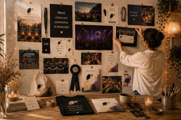 A person arranges event posters and materials on a wall in a cozy, warmly lit room.