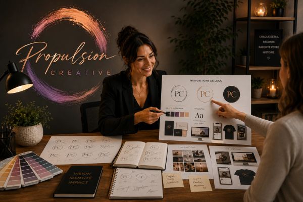 Two women discussing logo design proposals at a creative studio.