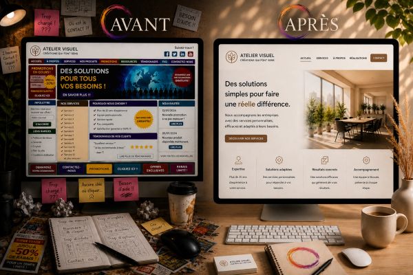 Before and after redesign of a website on two monitors.
