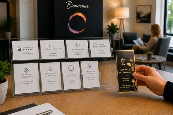 Hand holding a business card in a reception area with brochures on display.