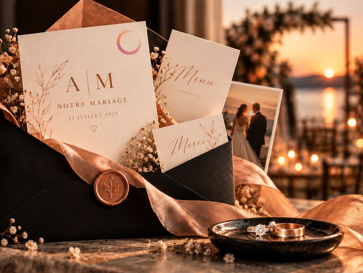 Cartes de mariage et alliances élégantes sur une table au coucher du soleil.