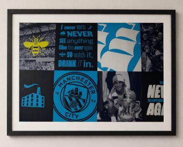 Framed collage featuring Manchester City football club themed images and text.