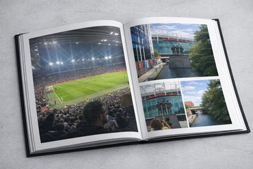 Open photo album showing a soccer stadium and outdoor sculptures by the river.