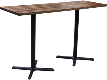 Wooden table with metal legs.