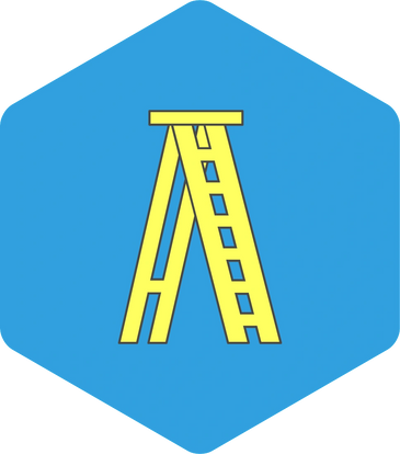 Yellow step ladder icon on blue hexagonal background.