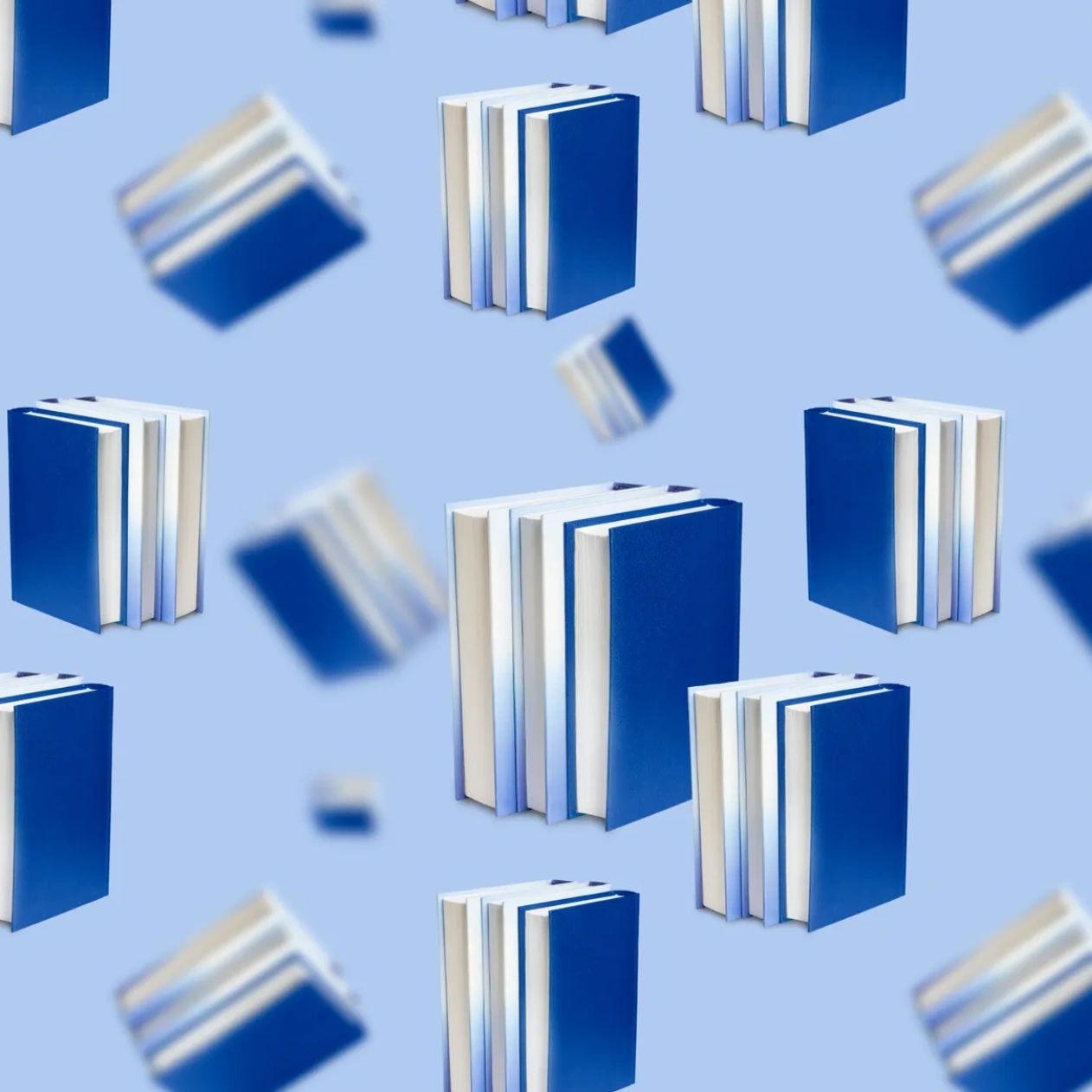 Blue and white books floating on a soft blue background.