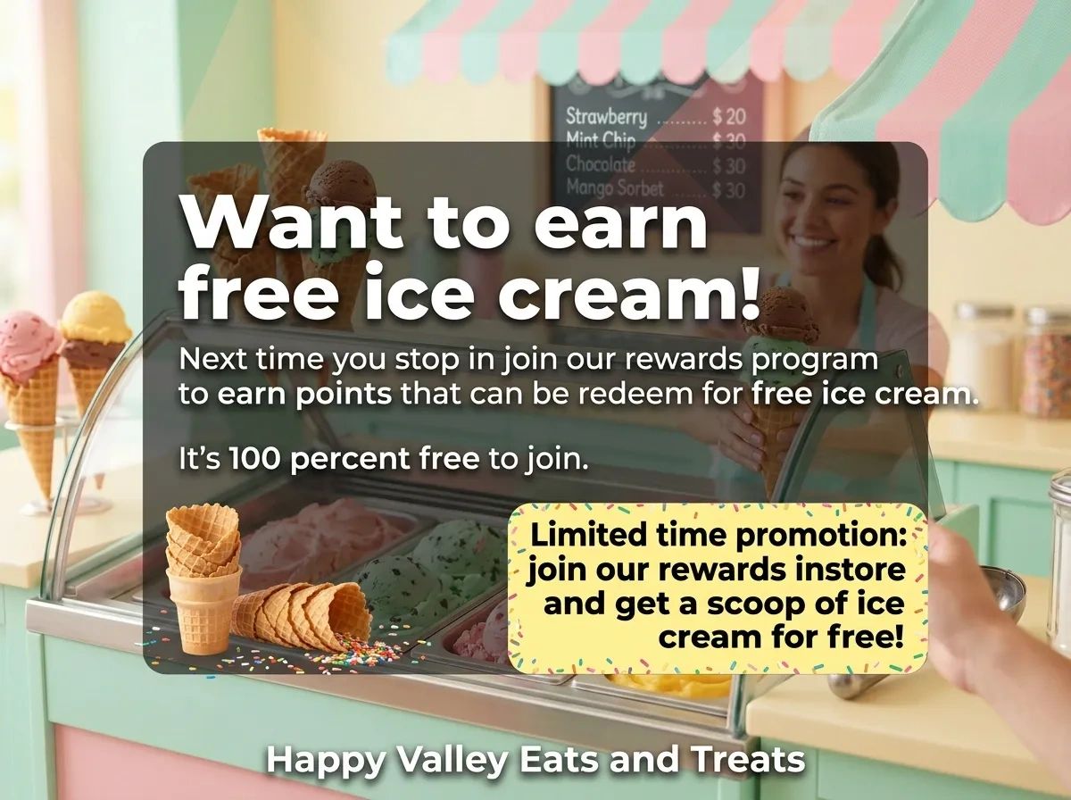 Earn free ice cream by joining the rewards program at Happy Valley Eats and Treats.