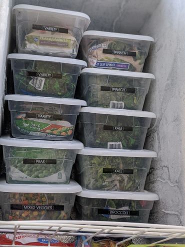 Organized frozen vegetables in labeled containers inside a freezer.