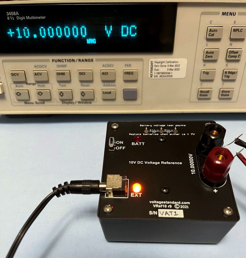 10VDC Voltage Reference output voltage being measured by calibrated Keysight 3458A 8.5 digit DMM