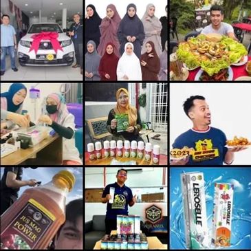 Collage of people promoting products and food with smiles and enthusiasm.