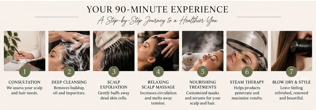 Step-by-step 90-minute scalp and hair care process with consultation, cleansing, exfoliation, massage, treatment, steam, and styling.