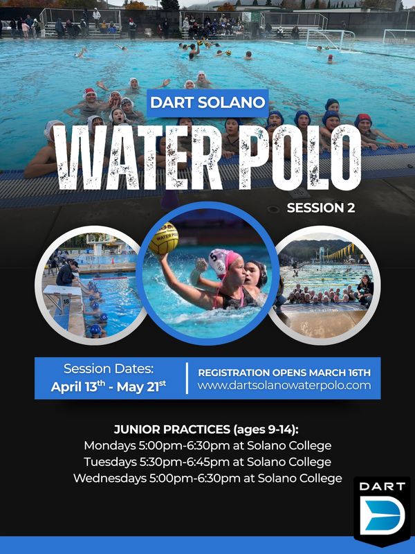 Youth water polo sessions at Solano College from April to May.