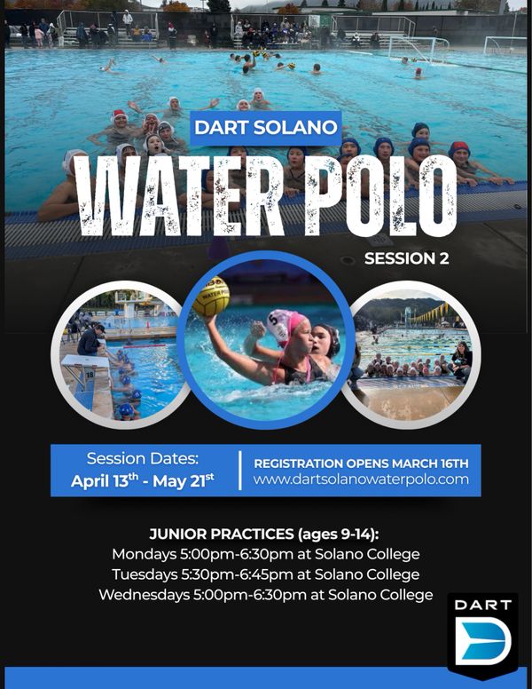 Youth water polo sessions at Solano College from April to May.