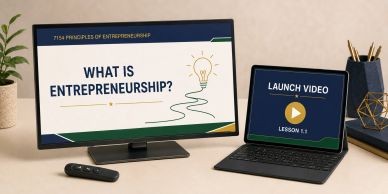 Venture Ready classroom presentation slide displayed beside a lesson launch video and presentation r