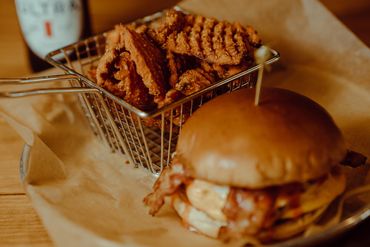 Druken Burger with Sweet Potato Waffle Fries