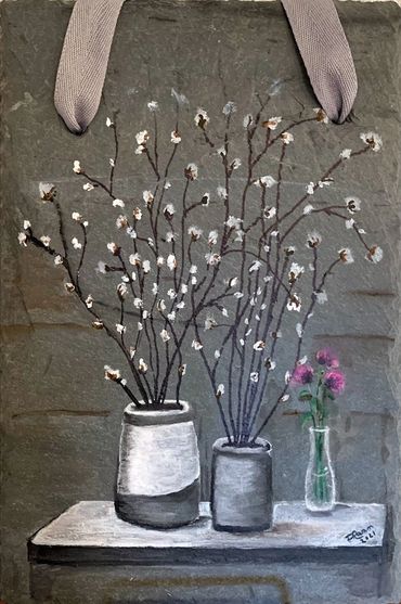 repurposed slate, acrylic painting on slate, cotton branches, stone pots,