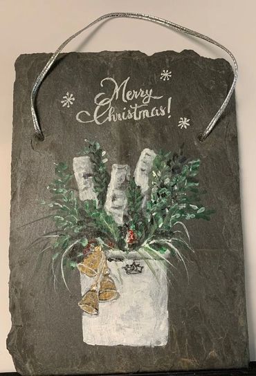 birch logs, wintery greenery, bells, stone pot, repurposed slate, hostess gift, winter decoration, C