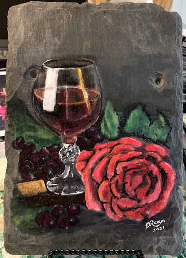 acrylic on repurposed slate. wine and roses, grapes
