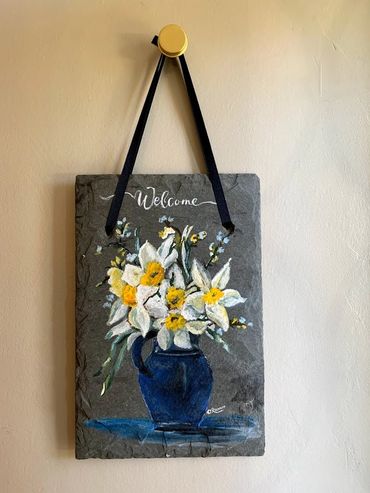 repurposes slate, welcome plaque,