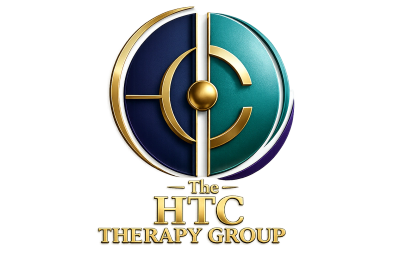 Elegant gold and teal logo for HTC Therapy Group.