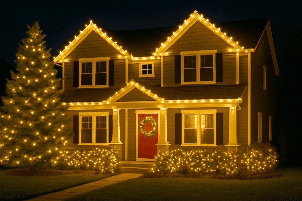 House decorated with warm white Christmas lights on roof, bushes, and tree at night.