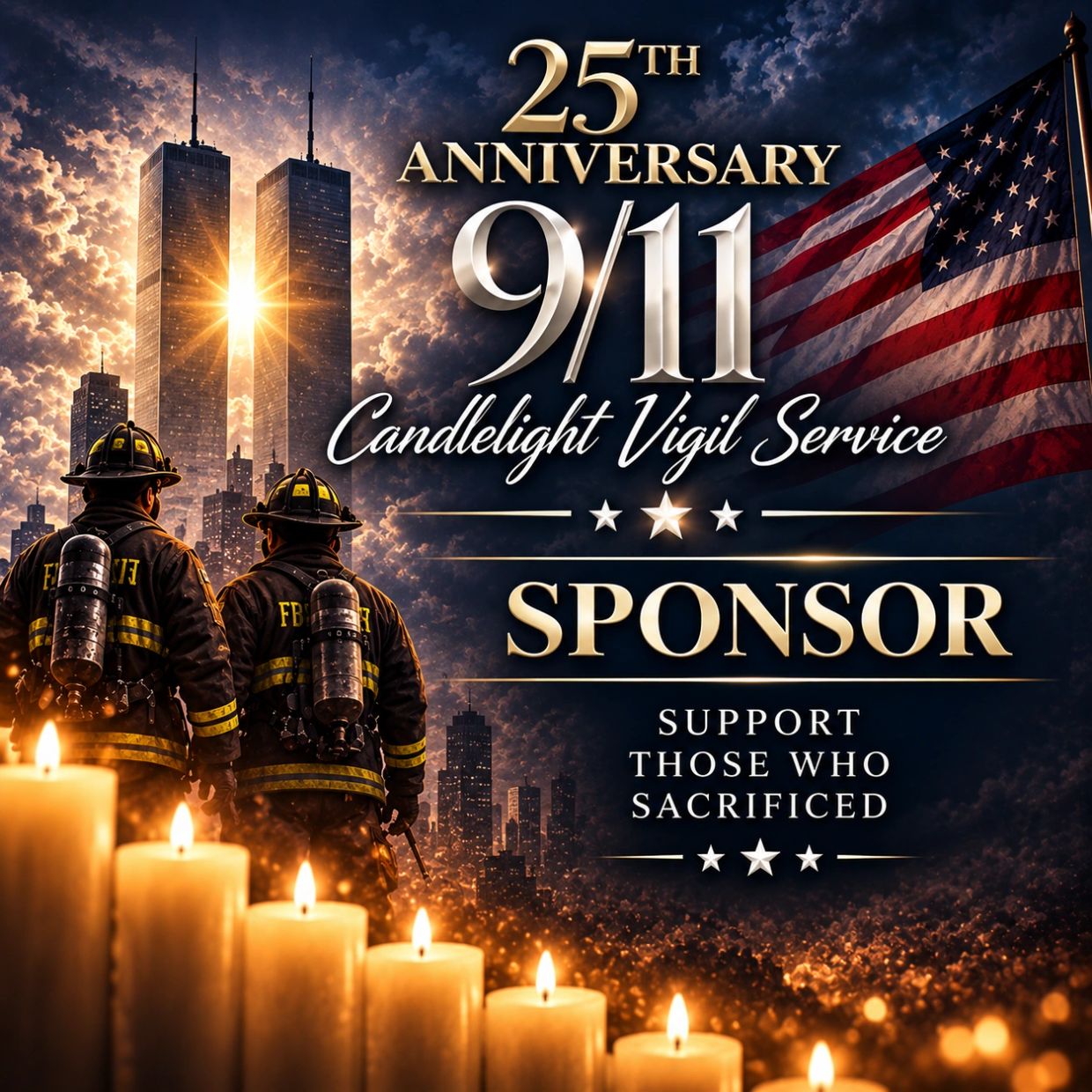 9/11 25th anniversary candlelight vigil with firefighters and American flag.