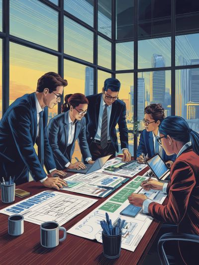 Business team collaborating over charts and plans in an office.