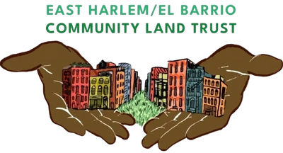 2 African American hands, palms up & open. Hands are holding 2 clusters of buildings of various colo