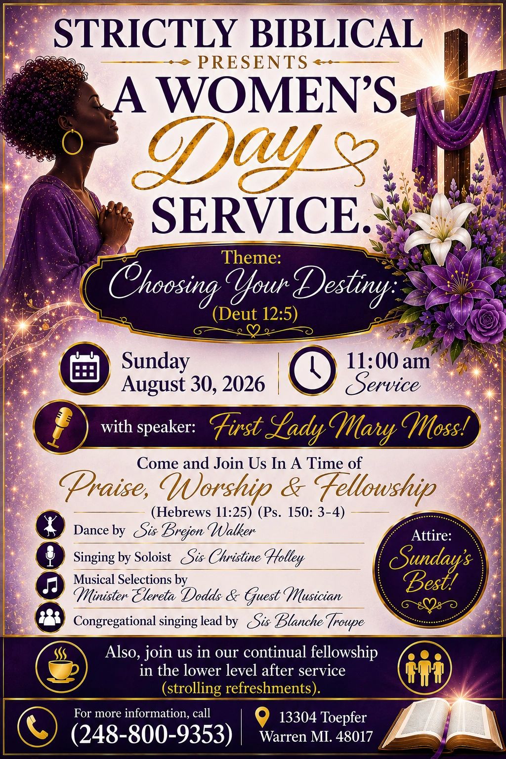 Flyer for a woman's day service event with theme Choosing Your Destiny.