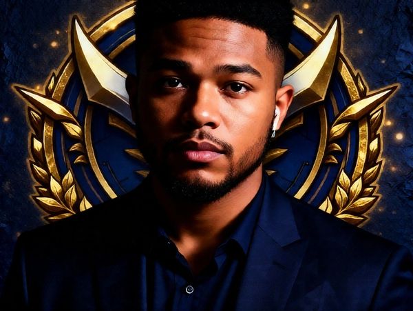 Man in dark suit with golden emblem background.