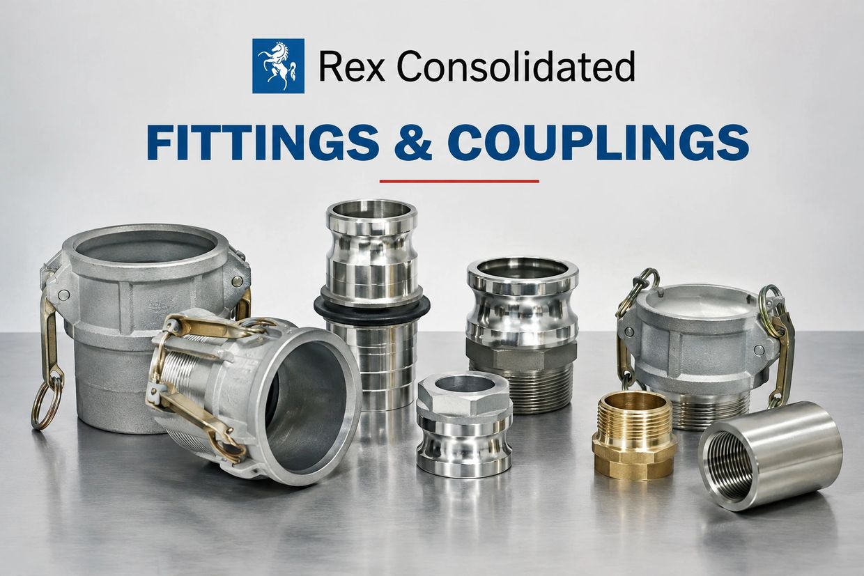 Various metal fittings and couplings displayed on a surface.