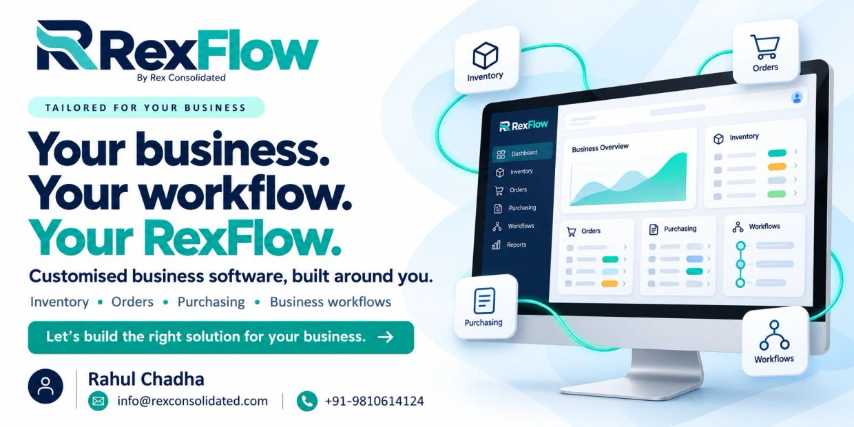 Customized business software RexFlow for inventory, orders, and workflows.