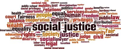 Word cloud highlighting social justice and related concepts like equality, rights, and community.