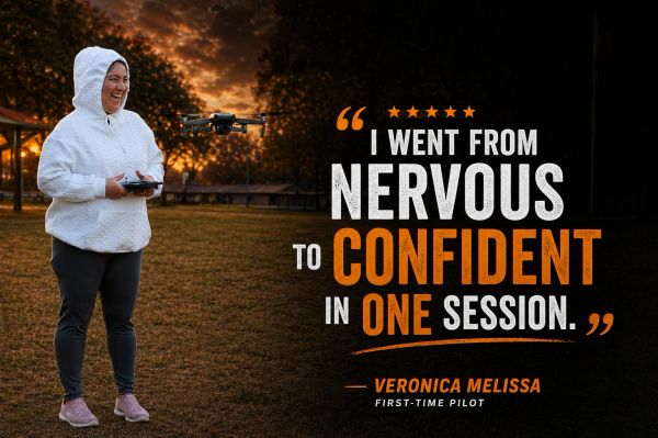 First-time pilot Veronica Melissa flies a drone confidently after one session.