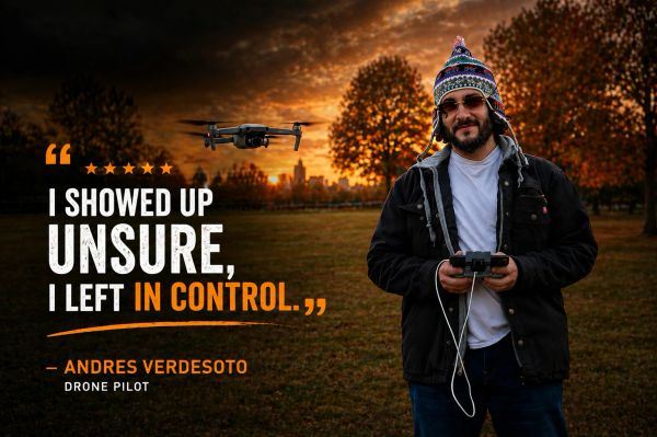 Drone pilot confidently controlling a drone during a beginner drone training session, showcasing hands-on flying lessons and real flight experience.
