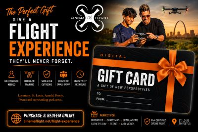 Drone flight experience gift card for fun outdoor activities and beginner drone lessons in St. Louis.