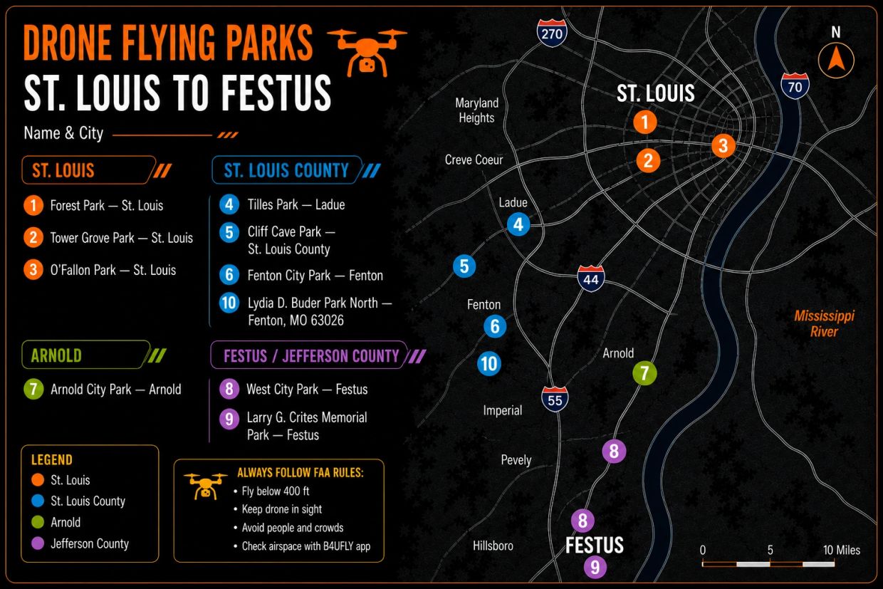 Map showing drone lesson locations and beginner-friendly flying parks throughout St. Louis, Fenton, Arnold, and Festus.