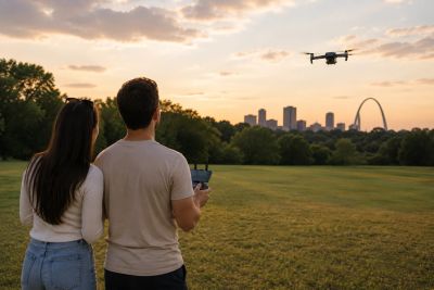 Couple learning to fly a drone together during a beginner drone lesson in the St. Louis area.