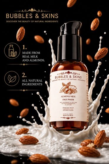 Almond milk face wash by Bubbles; Skins with natural ingredients and almond splash.