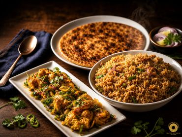 Delicious Indian meal with stuffed paratha, pulao, and spiced vegetables.