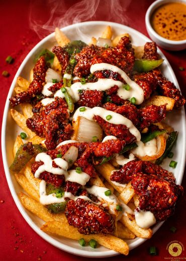 Spicy glazed chicken and fries drizzled with creamy sauce, garnished with green onions.