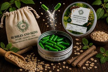 Green capsules and natural ingredients from Bubbles and Skins cleanser set.