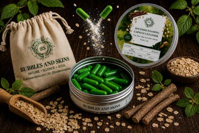 Natural skincare products with green capsules and herbal ingredients.