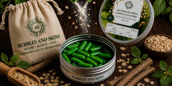 Green capsules and natural ingredients from Bubbles and Skins cleanser set.