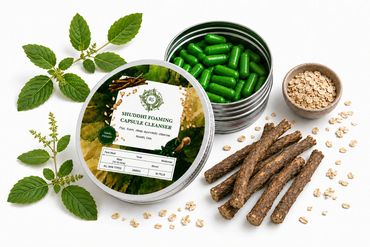 Green herbal capsules with natural ingredients and leaves.