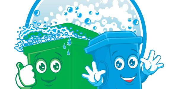 Happy cartoon recycling bins with bubbles and water droplets.