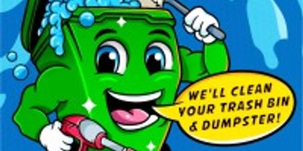 Cartoon trash bin advertising cleaning services for bins and dumpsters.
